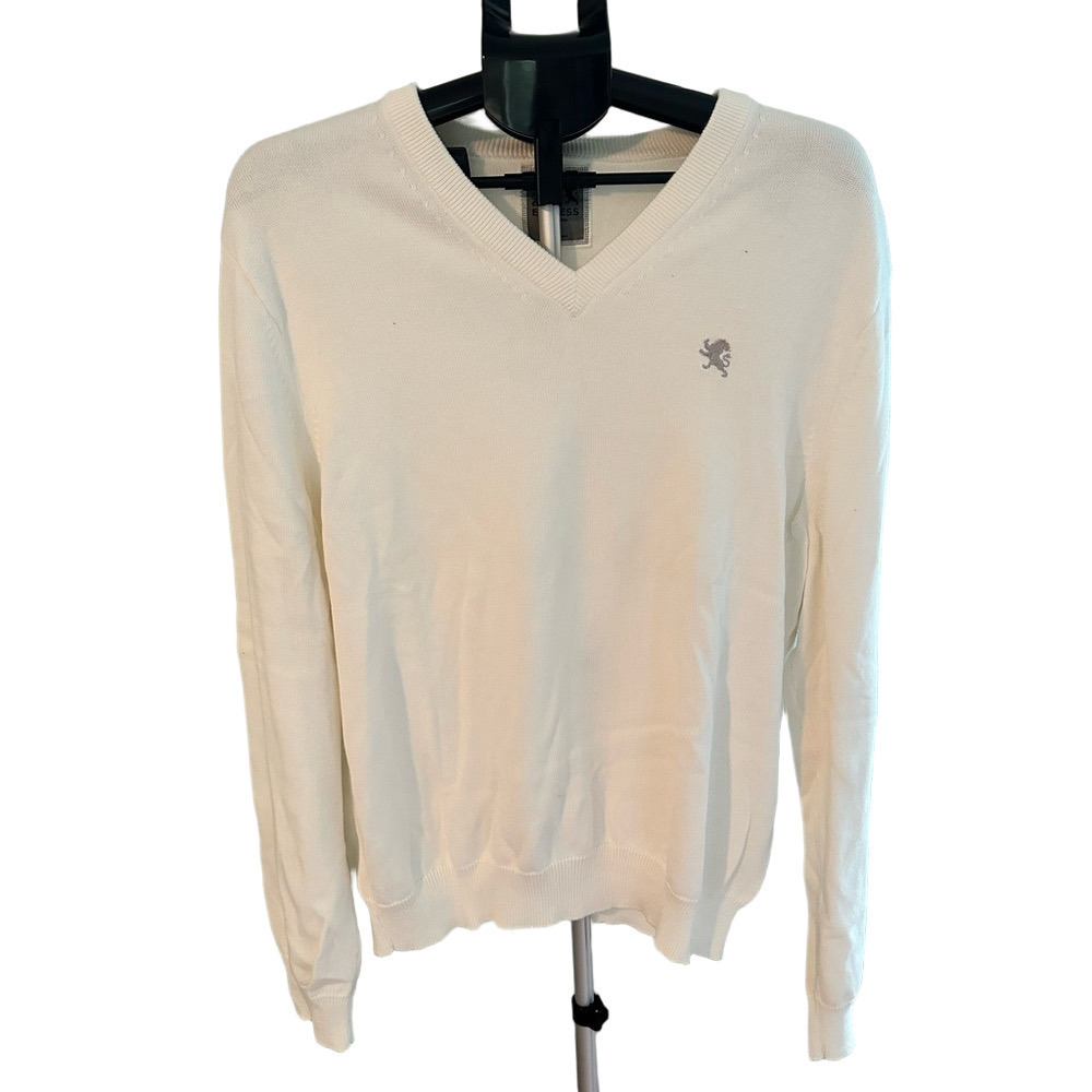 MENS EXPRESS LONG SLEEVE WHITE V NECK SWEATER WITH GRAY LOGO